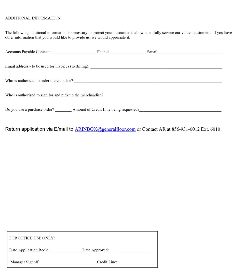 New Account Credit Application Page 2